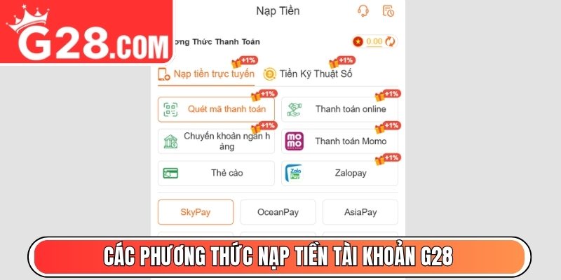Các phương thức nạp tiền tài khoản G28 được hỗ trợ